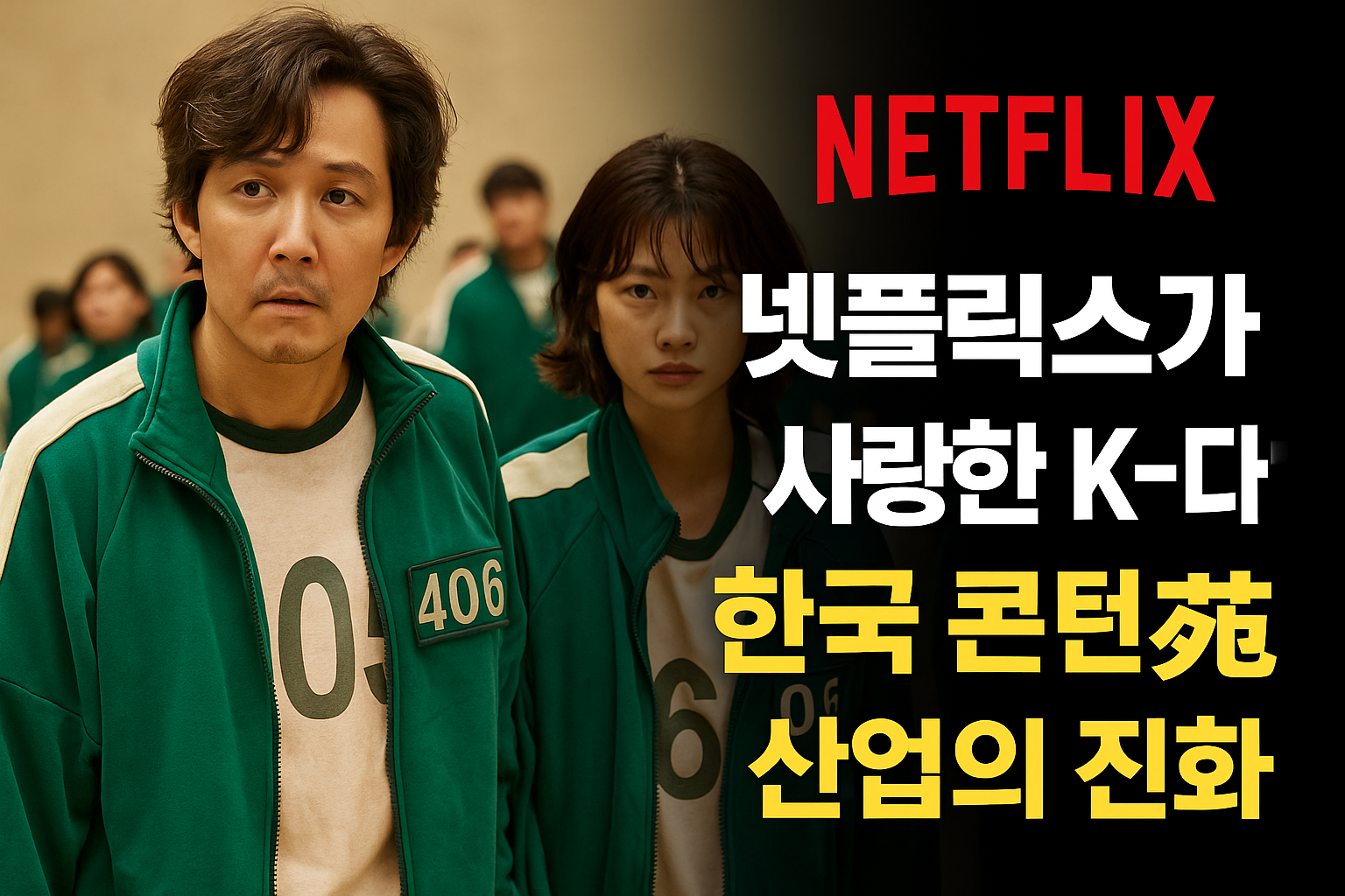 초록색 트레이닝복을 입은 두 명의 인물이 정면을 응시하는 장면과 함께, 오른쪽에는 ‘넷플릭스가 사랑한 K-드라마, 한국 콘텐츠 산업의 진화’라는 문구가 배치된 블로그용 썸네일 이미지