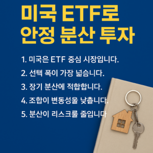 짙은 파란 배경에 노란색 굵은 제목 ‘미국 ETF로 안정 분산 투자’가 상단에 시원한 여백과 함께 배치되어 있고, 하단에는 1~5번 핵심 문구가 흰색 텍스트로 정돈되어 나열된 구조