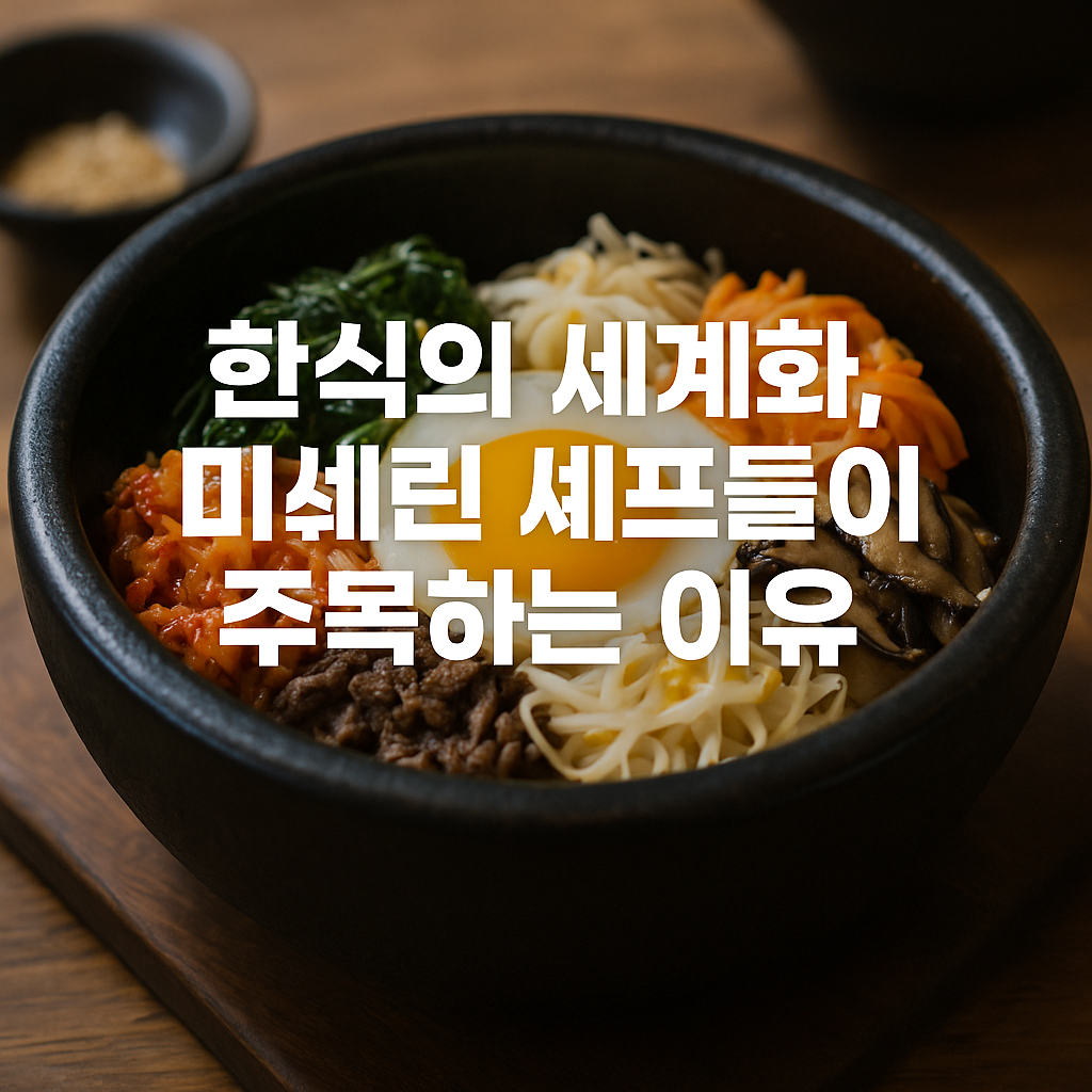 돌솥 비빔밥이 담긴 검정 그릇이 테이블 위에 놓여 있고, 중앙에 계란 노른자와 나물·고기·버섯·김치가 조화롭게 배치된 모습 위로 ‘한식의 세계화, 미쉐린 셰프들이 주목하는 이유’라는 흰색 굵은 텍스트가 오버레이된 썸네일 이미지.