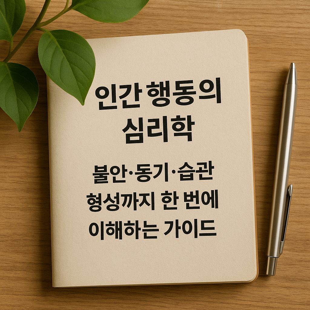 우드 톤의 따뜻한 책상 위에 베이지색 텍스처 노트가 놓여 있고, 노트 중앙에는 ‘인간 행동의 심리학: 불안·동기·습관 형성까지 한 번에 이해하는 가이드’라는 굵은 검정 텍스트가 적혀 있다.