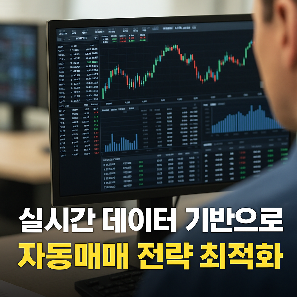 트레이더가 모니터 앞에서 실시간 차트와 거래 데이터를 확인하는 장면을 배경으로, 하단에는 ‘실시간 데이터 기반으로 자동매매 전략 최적화’라는 문구가 강조된 블로그용 썸네일 이미지