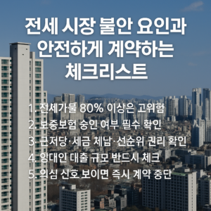 전세 리스크 5가지와 안전 계약 기준을 요약한 고층 아파트 배경 인포그래픽