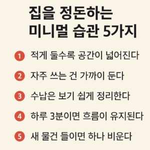 밝은 베이지색 배경 위에 ‘집을 정돈하는 미니멀 습관 5가지’라는 굵은 제목이 상단에 크게 배치되어 있고, 그 아래로 주황색 원형 숫자 아이콘과 함께 다섯 가지 핵심 문구가 넓은 여백을 두고 정렬된 인포그래픽이다.