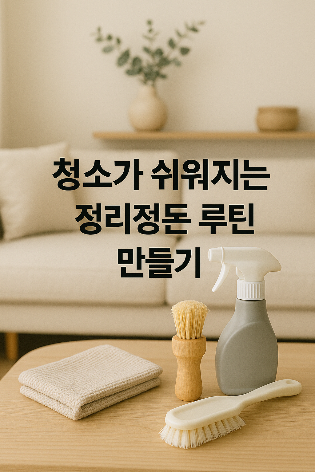 따뜻한 베이지 톤의 깔끔한 거실을 배경으로, 앞쪽 테이블 위에 정돈된 청소도구들이 놓여 있다.