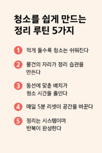 밝은 베이지색 배경 위에 ‘청소를 쉽게 만드는 정리 루틴 5가지’라는 굵은 제목이 상단에 배치되어 있고, 아래에는 붉은 원형 숫자 아이콘과 함께 다섯 가지 정리정돈 루틴 문장이 넓은 여백을 두고 정돈되어 있는 인포그래픽이다.