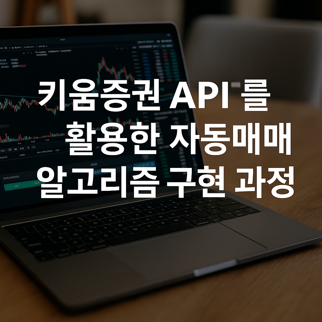 차트와 캔들 그래프가 표시된 트레이딩 화면이 노출된 노트북이 테이블 위에 놓여 있고, 중앙에 키움증권 API를 활용한 자동매매 알고리즘 구현 과정 이라는 흰색 굵은 텍스트가 오버레이된 썸네일 이미지.