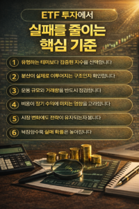 ETF 투자에서 실패를 줄이기 위해 반드시 점검해야 할 핵심 기준 6가지를 정리한 인포그래픽