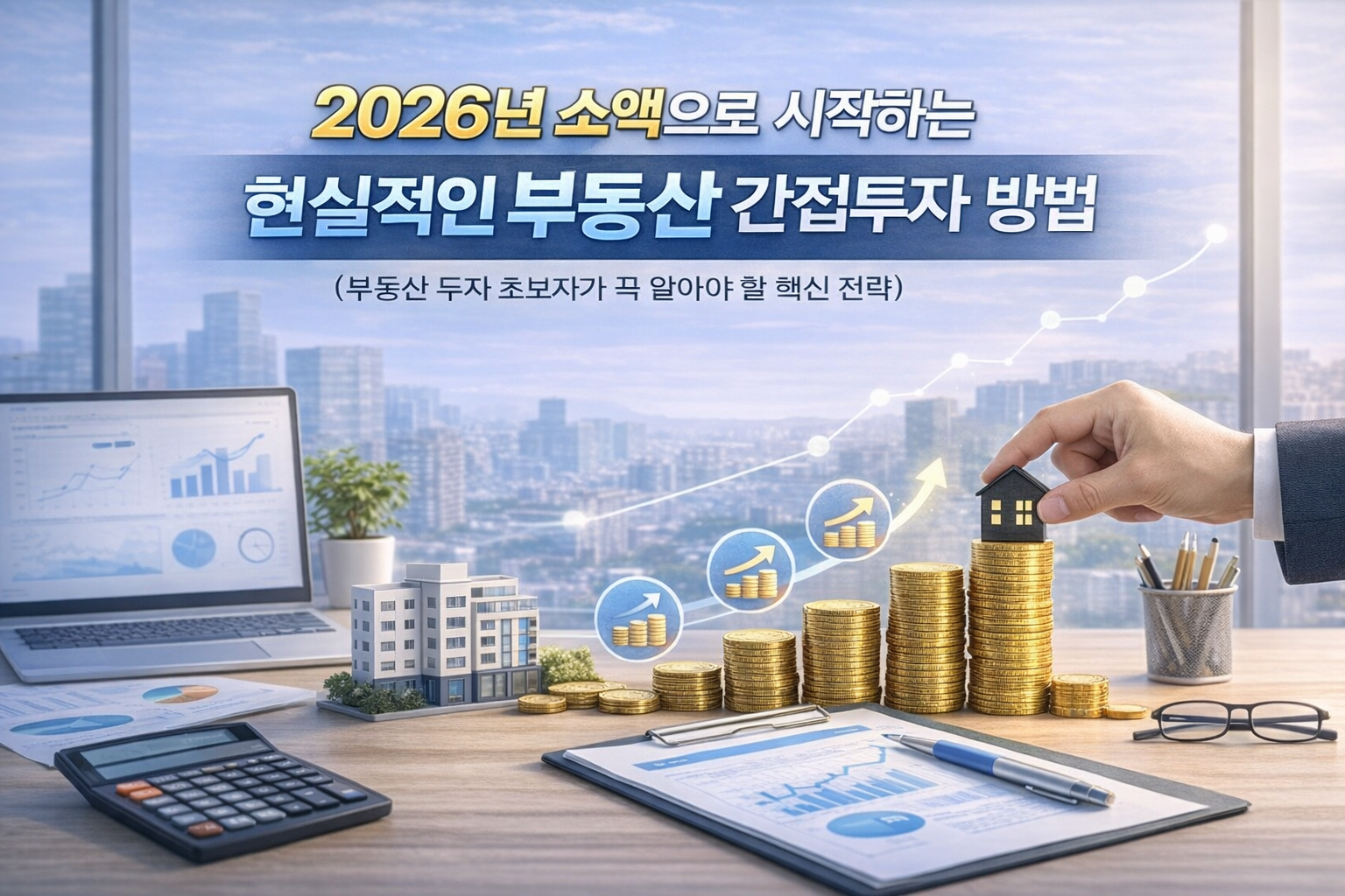 소액으로도 시작할 수 있는 2026년 부동산 간접투자 전략을 직관적으로 보여주는 현대적인 썸네일 이미지