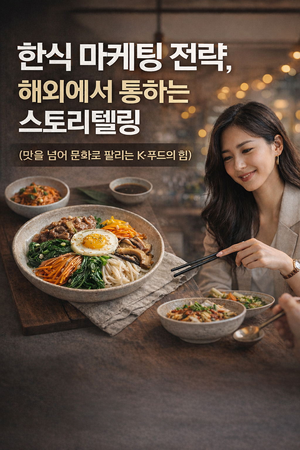 한식을 단순한 음식이 아닌 문화와 이야기로 전달하는 해외 마케팅 전략을 표현한 현대적인 한식 이미지