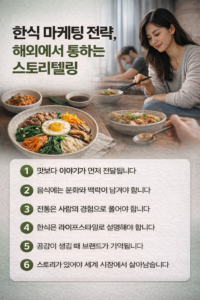 식 마케팅 전략 인포그래픽. 맛보다 이야기, 음식의 문화적 맥락, 사람의 경험을 중심으로 해외 시장에서 통하는 스토리텔링 핵심