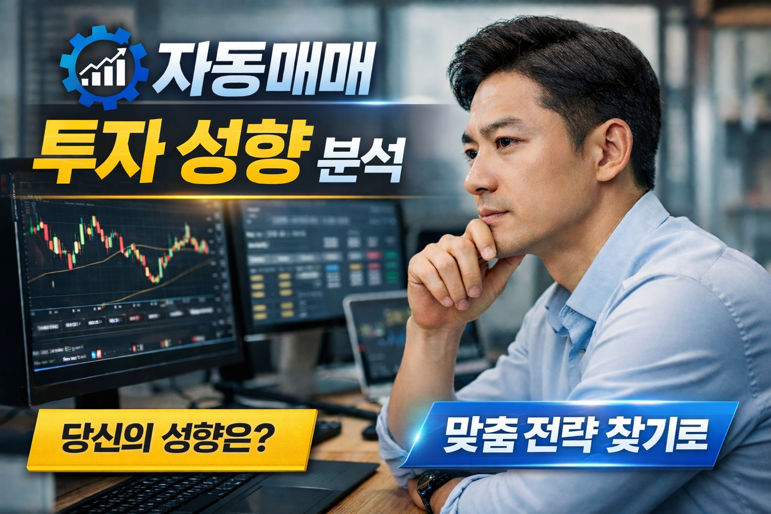 자동매매에 적합한 투자 성향을 분석하는 콘텐츠 썸네일로, 실전 트레이딩 환경에서 차트를 분석하며 맞춤 전략을 고민하는 투자자의 모습