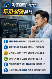 자동매매 투자 성향 분석 인포그래픽으로, 감정 개입 최소화·규칙 준수·장기 구조 신뢰의 중요성