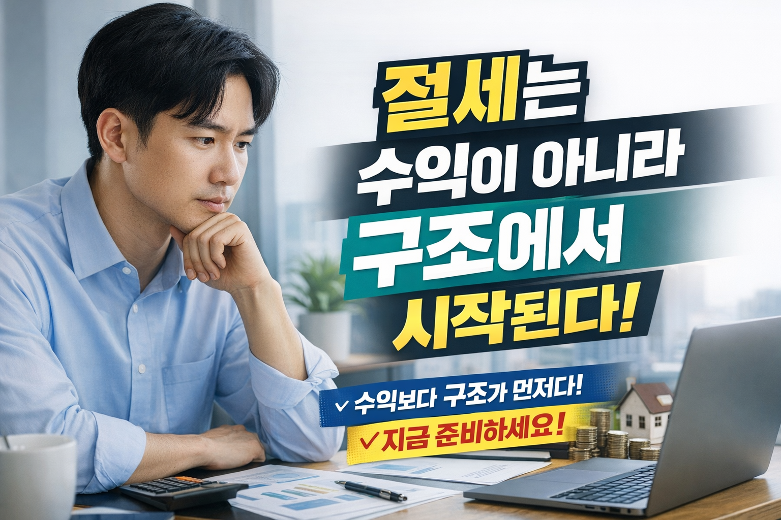 노트북 앞에서 세금 자료와 계산기를 두고 절세 구조를 고민하는 현대적인 분위기의 직장인 남성이 등장하는 재테크 블로그 썸네일 이미지