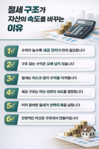 수익 증가에 따른 세금 관리, 구조 없는 수익의 한계, 안정적인 자산을 만드는 절세 전략을 정리한 인포그래픽 이미지