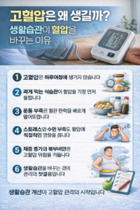 고혈압의 원인과 생활습관의 관계를 한눈에 이해할 수 있도록 정리한 6단계 인포그래픽