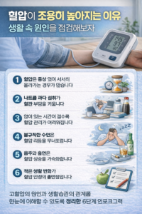 혈압이 서서히 높아지는 이유를 생활습관 중심으로 정리한 인포그래픽