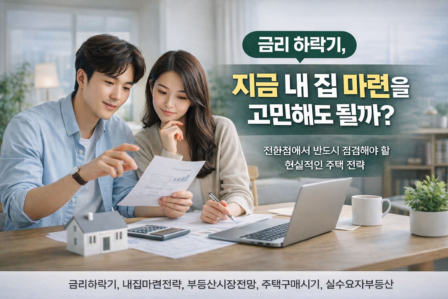 금리 하락기 전환점에서 지금 내 집 마련을 고민해도 될지 현실적으로 판단하는 상황을 표현한 썸네일 이미지