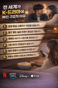전 세계가 K-드라마에 빠진 구조적 이유 핵심 요소로 정리한 인포그래픽 이미지
