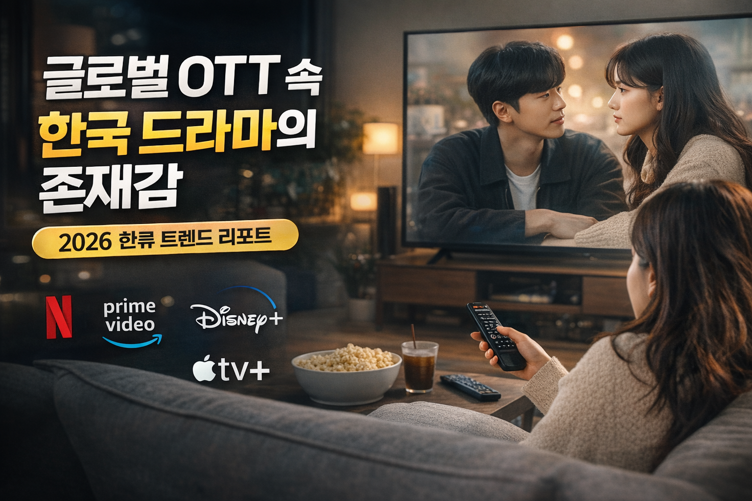 OTT 환경에서 한국 드라마를 시청하는 장면을 통해 2026 한류 트렌드와 K-드라마의 확장된 글로벌 영향력을 시각적으로 표현한 현대적인 썸네일