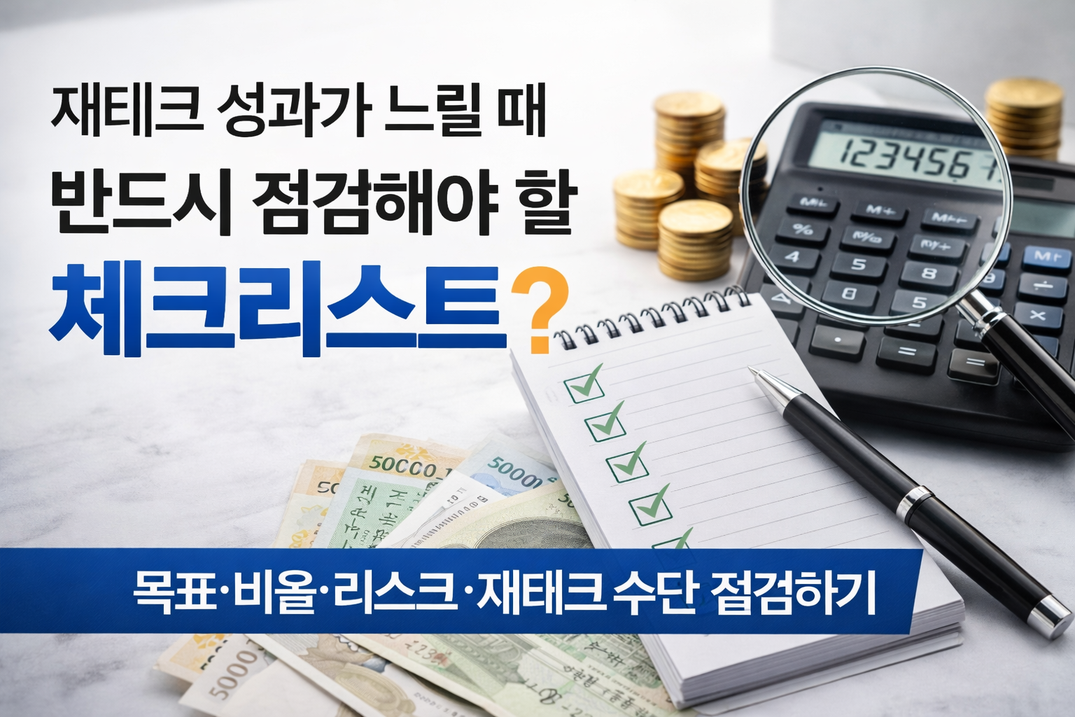 재테크 성과가 느릴 때 점검해야 할 핵심 항목을 시각적으로 표현한 썸네일 이미지