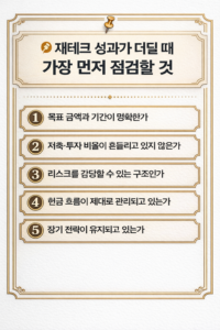 재테크 성과가 더딜 때 반드시 점검해야 할 핵심 요소를 5단계로 정리한 인포그래픽 이미지