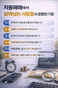 자동매매에서 살아남는 투자자들의 공통된 기준을 정리한 인포그래픽으