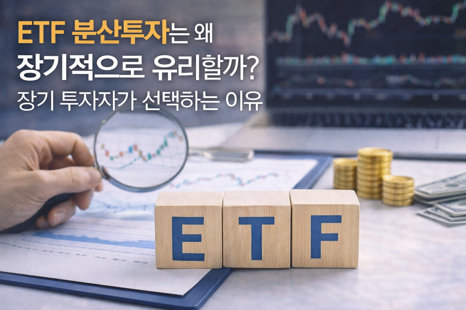 ETF 분산투자가 장기 투자자에게 유리한 이유를 핵심 포인트로 정리한 인포그래픽