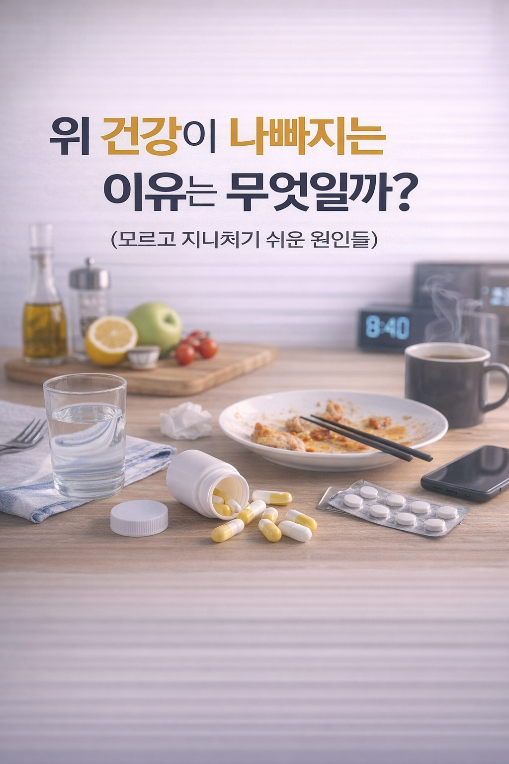 불규칙한 식사, 카페인, 약물 복용 등 위 건강을 해치는 일상 습관을 상징적으로 담은 썸네일 이미지