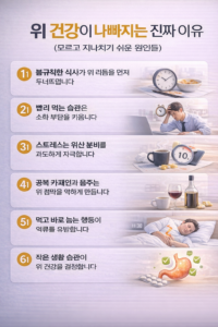 불규칙한 식사와 스트레스, 공복 카페인 등 위 건강을 해치는 생활 습관을 핵심 포인트로 정리한 인포그래픽 이미지