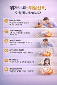 속쓰림, 식후 더부룩함, 공복 통증, 잦은 트림, 메스꺼움 등 위 건강이 나빠질 때 나타나는 주요 신호를 정리한 인포그래픽 이미지
