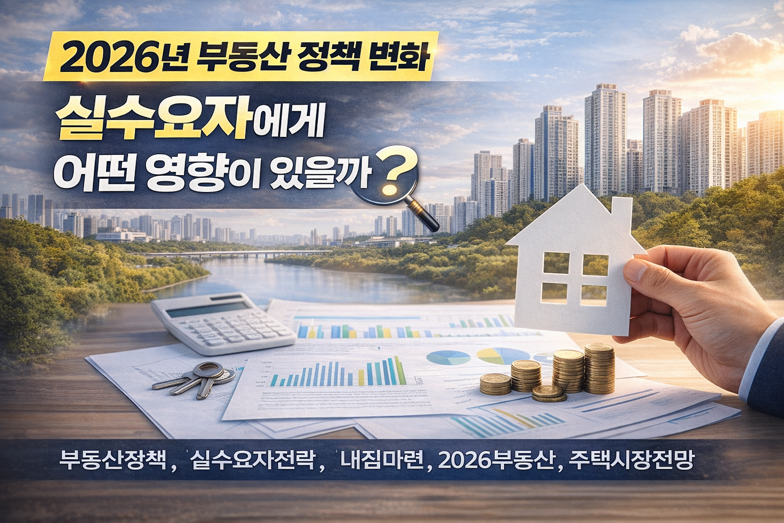 2026년 부동산 정책 변화가 실수요자에게 미치는 영향을 시각적으로 표현한 썸네일 이미지