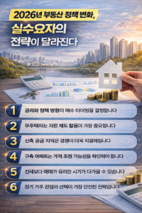 2026년 부동산 정책 변화와 실수요자 전략을 시각적으로 표현한 인포그래픽 이미지