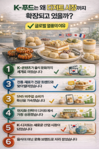 K-푸드가 디저트 시장으로 확장된 배경과 글로벌 열풍의 이유를 핵심 포인트로 정리한 인포그래픽 이미지