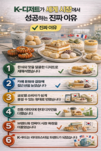 K-디저트가 세계 시장에서 성공한 배경을 6가지 핵심 요인으로 정리한 글로벌 푸드 트렌드 인포그래픽 이미지