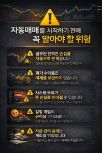 자동매매를 시작하기 전 반드시 점검해야 할 6가지 핵심 위험 요소를 한눈에 정리한 현대적인 투자 인포그래픽 이미지
