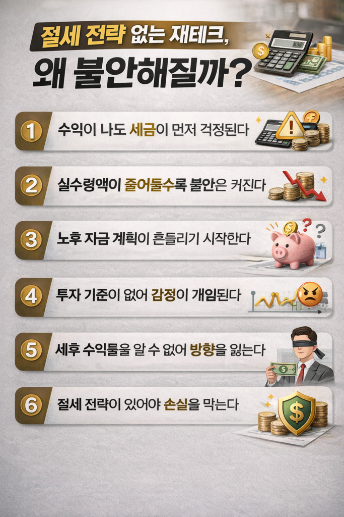 절세 전략 없는 재테크의 위험성을 설명하는 현대적인 인포그래픽 이미지