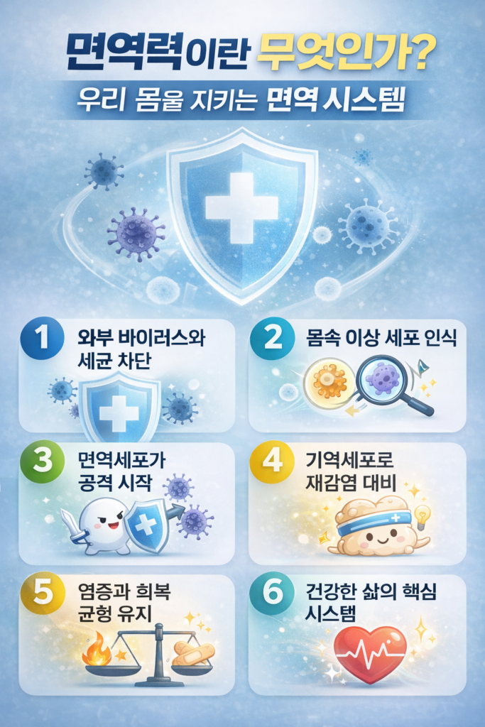 우리 몸을 지키는 면역 시스템의 원리와 역할을 정리한 인포그래픽.