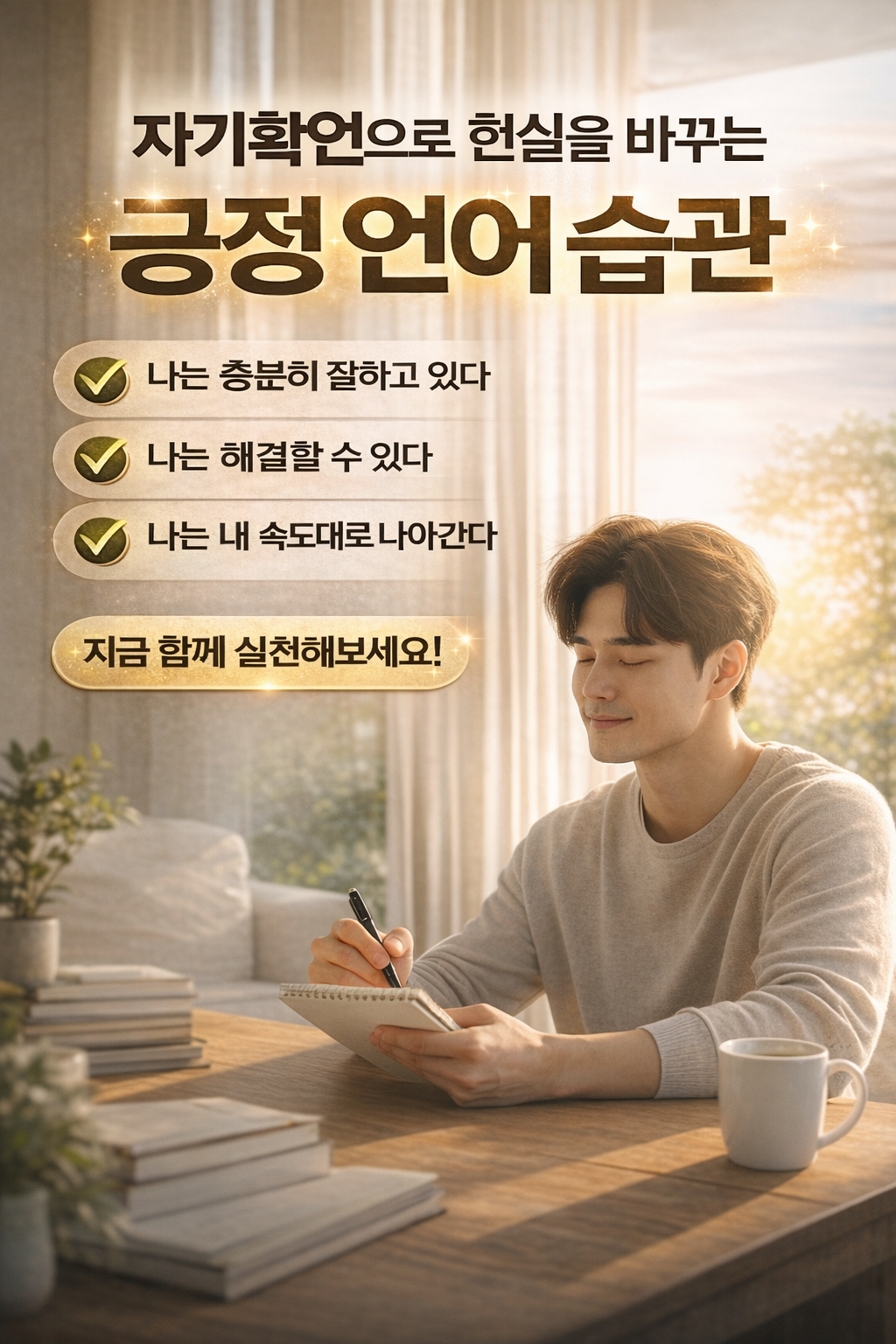 자기확언을 실천하며 긍정적인 언어 습관을 만들어가는 모습을 담은 썸네일 이미지