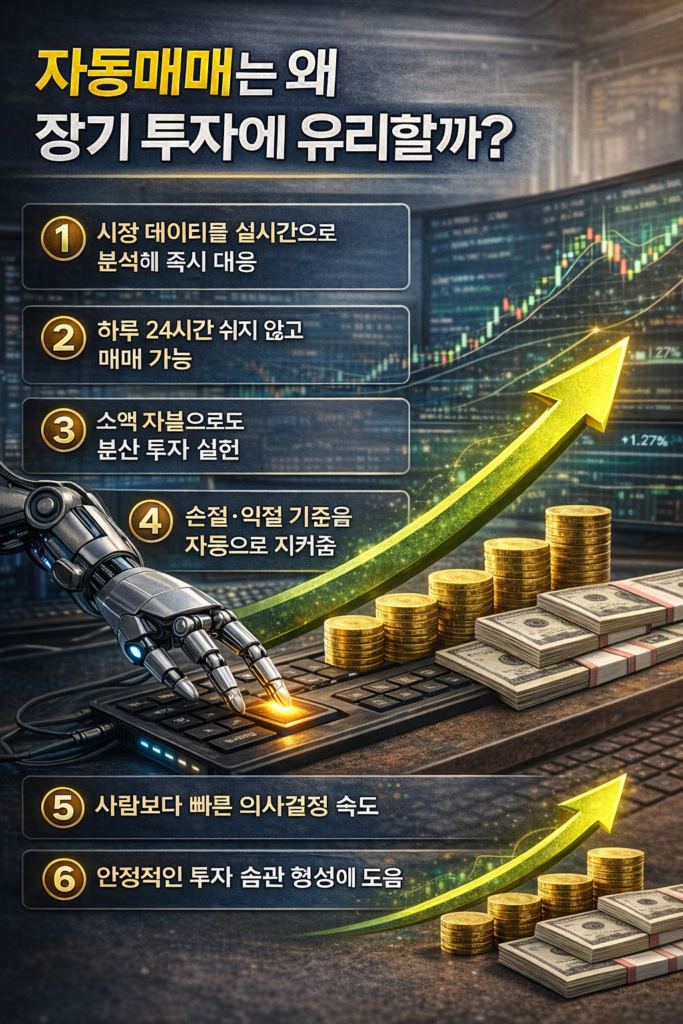 자동매매가 장기 투자에 유리한 이유를 한눈에 이해할 수 있도록 구성한 인포그래픽