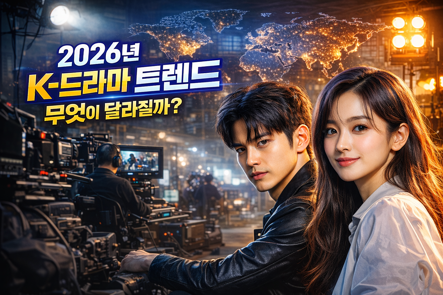 글로벌 촬영 현장을 배경으로 2026년 K-드라마 트렌드와 한국 서사의 세계적 확장을 상징적으로 표현한 현대적인 썸네일 이미지