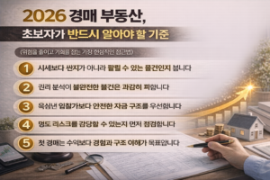 2026년 부동산 경매에서 초보자가 실패를 줄이기 위해 반드시 점검해야 할 핵심 기준 5가지를 정리한 인포그래픽
