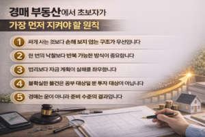 경매 부동산에서 초보자가 실패를 줄이기 위해 가장 먼저 지켜야 할 핵심 원칙 5가지를 정리한 인포그래픽