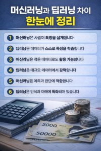 머신러닝과 딥러닝의 핵심 차이를 6가지 포인트로 정리한 인포그래픽으로, AI 기술의 구조와 활용 방향을 직관적으로 이해할 수 있도록 구성