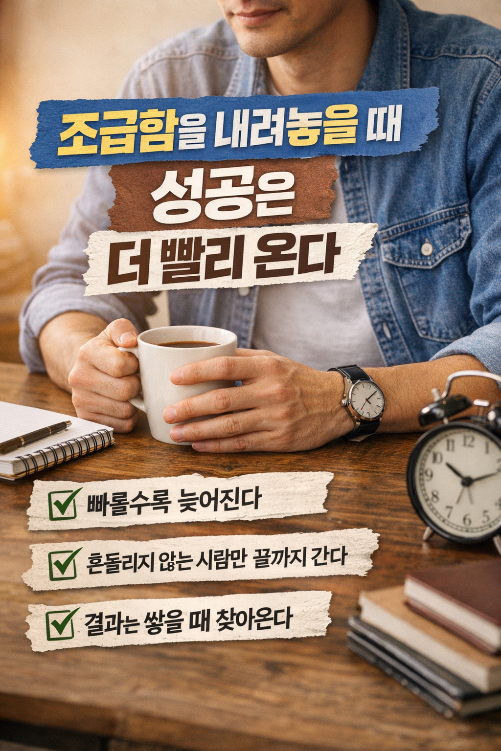 조급함을 내려놓을 때 비로소 성공이 가까워진다는 메시지를 담은 차분한 분위기의 자기계발 썸네일