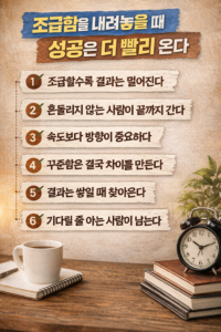 조급함을 내려놓고 방향과 꾸준함을 지킬 때 성공이 찾아온다는 메시지를 6가지 핵심 문장으로 정리한 인포그래픽