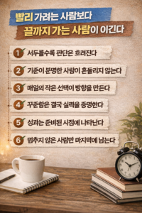 서두르지 않고 끝까지 가는 사람이 결국 성과를 만든다는 핵심 메시지를 6가지 문장으로 정리한 인포그래픽