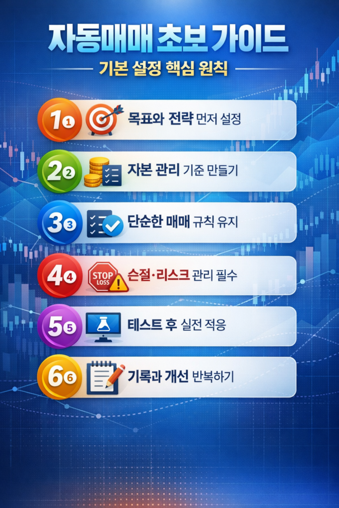 자동매매 초보자가 반드시 알아야 할 기본 설정 핵심 원칙을 이해할 수 있도록 정리한 인포그래픽