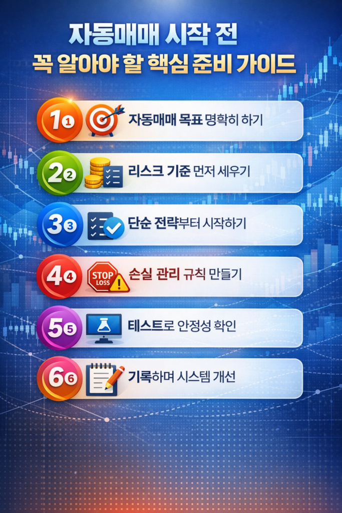자동매매를 시작하기 전 알아야 할 준비 과정과 핵심 원칙을 한눈에 보여주는 실전 가이드 인포그래픽