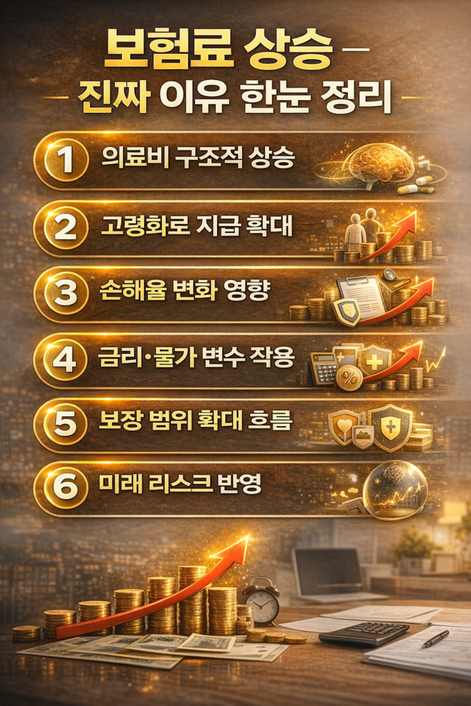 의료비 상승과 고령화 등 보험료 인상의 배경을 한눈에 보여주는 금융 인포그래픽