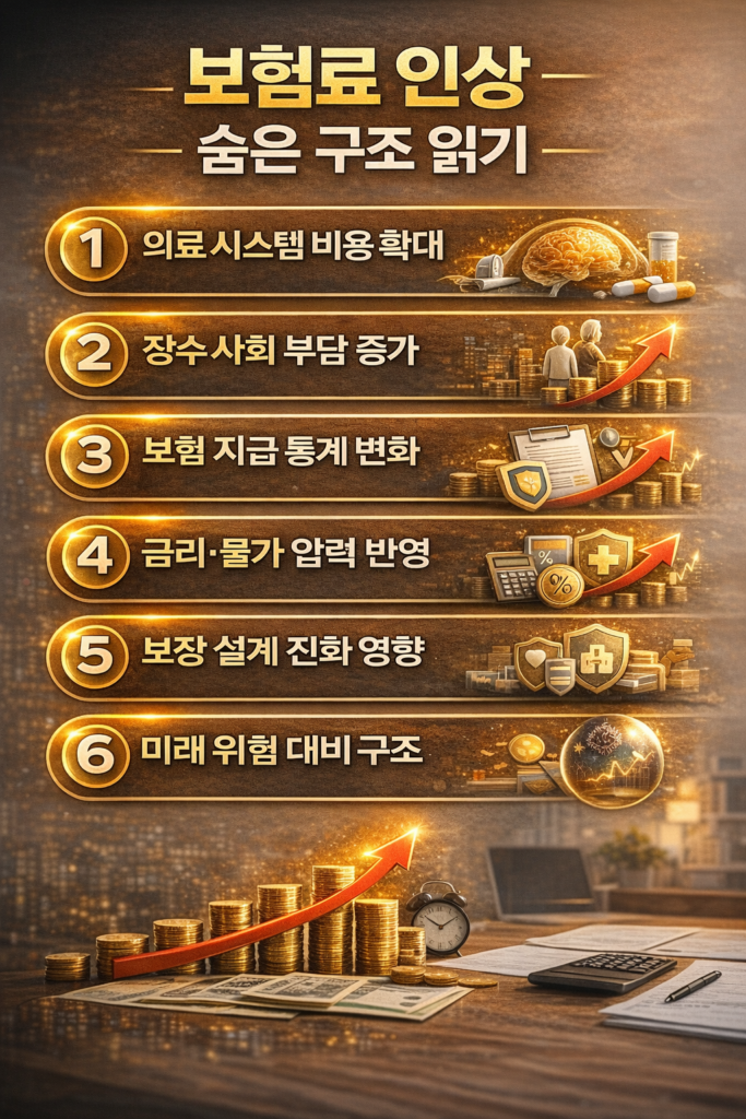 보험료 상승의 구조적 배경을 한눈에 이해할 수 있도록 구성한 금융 인포그래픽